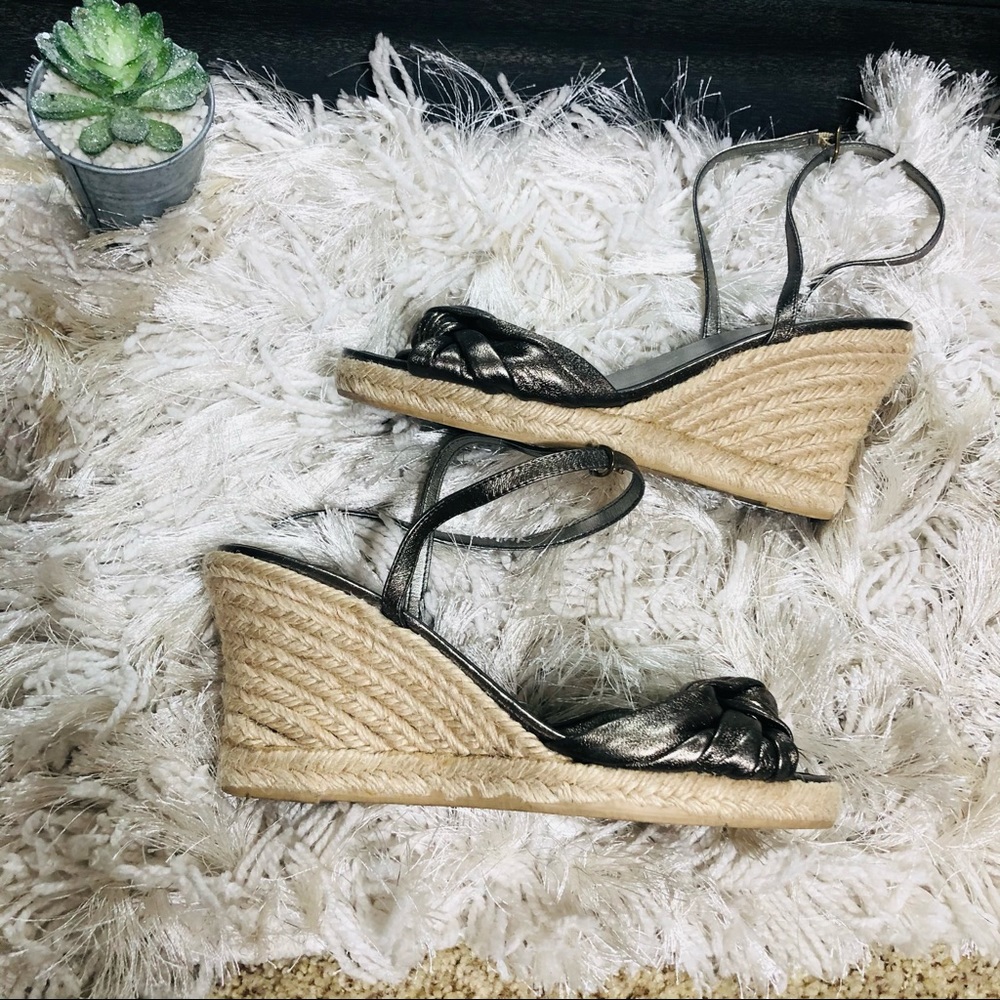 J. Crew Metallic Black Braided Espadrille Wedge Sandals